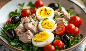 En härlig sallad nicoise med tonfisk, ägg, tomater och oliver på en bädd av gröna blad.