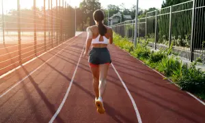 Kobieta w sportowym stroju biegnie po bieżni w słoneczny dzień.