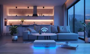 Nowoczesny router z niebieskim podświetleniem, symbolizujący jak wzmocnić sygnał wifi w eleganckim salonie z kuchnią.