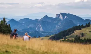Para siedząca na trawiastym wzgórzu z widokiem na góry Pieniny.