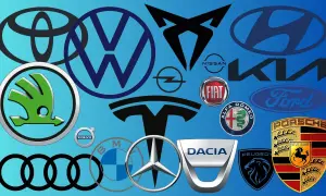 Kolekcja logotypów najlepszych marek samochodów: Toyota, VW, Cupra, Hyundai, Kia, Skoda, Opel, Fiat, Ford, Alfa Romeo, Tesla, Volvo, Audi, BMW, Mercedes, Dacia, Peugeot, Porsche.