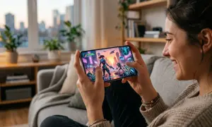 Une femme rit en jouant sur son téléphone, découvrant peut-être les meilleurs jeux Android avec des graphismes futuristes.