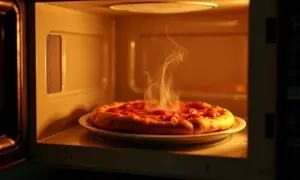 Gorąca pizza paruje w mikrofalówce na talerzu.