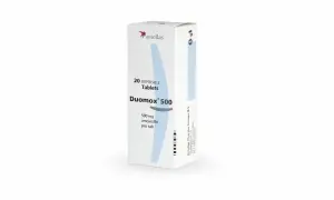 Opakowanie leku Duomox 500 mg, zawierające 20 tabletek dyspergowalnych z amoksycyliną, stosowane w leczeniu infekcji bakteryjnych.