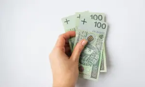 Dłoń trzyma trzy banknoty po 100 złotych. To dobry start do oszczędzania.