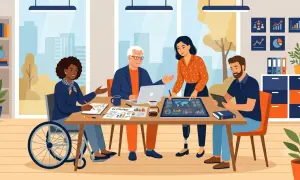 Team diversificato discute strategie aziendali. Un uomo in sedia a rotelle, una donna con protesi alla gamba, un anziano e una giovane donna collaborano. Il collocamento mirato cos'è? È inclusione e valorizzazione di ogni talento.