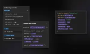Exemple de code HTML avec des attributs `data-` pour le suivi, comme `data-sku` et `data-track-event`, pour un produit.