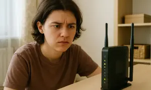 Zmarszczone brwi młodego człowieka patrzącego na świecące diody modemu. Czy to jest modem, który sprawia problemy?