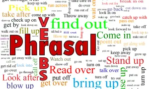 Nube de palabras con verbos frasales en inglés, destacando "Phrasal Verbs".