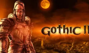 Rycerz w zbroi na tle księżyca i krajobrazu z napisem Gothic II.