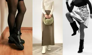 Trzewiki damskie stylizacje: czarne botki do rajstop, białe kozaki do długiej spódnicy, czarne kozaki na obcasie do srebrnej spódnicy i siateczkowych rajstop.