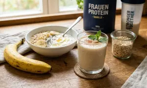 Gesunder Frühstückstisch mit Joghurt, Haferflocken, Banane und einem Vanille-Proteinshake. Die proteinreiche Ernährung unterstützt die Muskelregeneration bei Frauen.