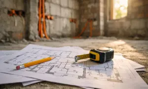 Plan domu z ołówkiem i miarką na tle ścian z widocznymi przewodami elektrycznymi. Ciekawe rozwiązania elektryczne w domu w trakcie budowy.