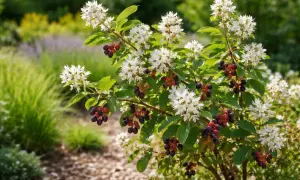 Felsenbirne mit weißen Blüten und roten bis bläulichen Beeren im Garten. Der ideale Standort für diese Pflanze ist sonnig bis halbschattig.