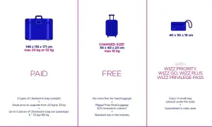 Tabela Wizz Air: bagaż rejestrowany (płatny, do 32 kg), podręczny (bezpłatny, do 10 kg) i mała torba (z dodatkami). Dowiedz się, czego nie można przewozić w bagażu rejestrowanym.