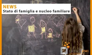 Bambina disegna una famiglia su una lavagna. Il testo parla di stato di famiglia e nucleo familiare, anche per conviventi non sposati.