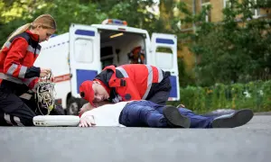 Ratownicy medyczni udzielają pomocy osobie nieprzytomnej na drodze, obok otwartej karetki.
