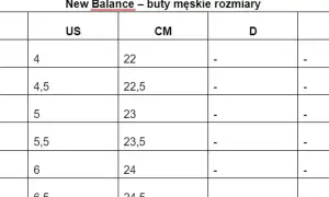 Tabela rozmiarów męskich New Balance. Rozmiar 39 na US to 6,5, co odpowiada 24,5 cm.