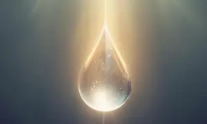 Goutte lumineuse, symbole d'espoir. Une goutte d'eau scintillante, baignée de lumière, évoque la question : peut-on guérir de la goutte ?