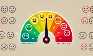 Wskaźnik nastroju z emotikonami, od smutnych po uśmiechnięte. Pokazuje, jak ocenić **csat co to** za pomocą skali emocji.