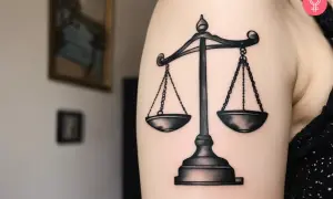 Tatuaje de balanza en el brazo, símbolo de justicia y equilibrio. El tatuaje balanza significado representa la búsqueda de la equidad.