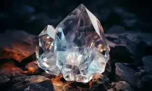 Dwa kryształy, jeden wielki diament, lśnią na tle ciemnych skał, odbijając światło.