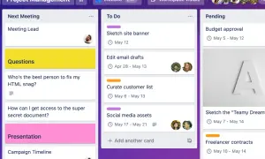Zarządzanie projektem w aplikacji Trello: lista zadań, pytania i sprawy w toku.