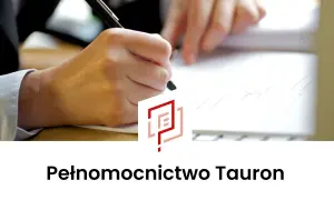 Dłoń pisząca piórem po dokumencie, z logo Tauronu.