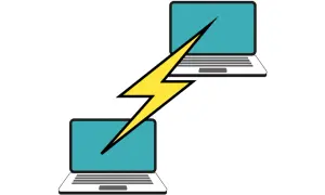 Dwa laptopy połączone błyskawicą, symbolizujące szybką komunikację, jak np. przez telnet.