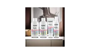 Zestaw kosmetyków do włosów Isana Plex: szampon, odżywka, maska i serum.