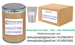 Beczka, worek i karton z produktem Acrylates/C10-30 Alkyl Acrylate Crosspolymer od Chemcopia. Dostępne opakowania 25kg, 5kg, 1kg.