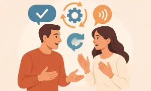 Para rozmawia, ilustrując zasady komunikacji interpersonalnej: zrozumienie, dialog i feedback.