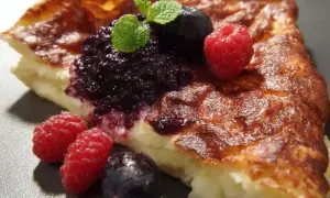 En bit fluffig tjockpannkaka med blåbärssylt, hallon och mynta. Ett perfekt recept för en härlig frukost eller fika.
