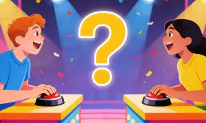 Dwóch graczy, chłopak i dziewczyna, z uśmiechem na twarzy naciska przyciski na podium. Czy dobrze mnie znasz? Konfetti i wielki znak zapytania sugerują quiz.
