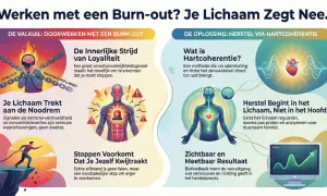 Illustratie over burn-out: valkuilen zoals loyaliteit en doorwerken, en oplossingen zoals hartcoherentie voor vrijwillige opname en herstel.