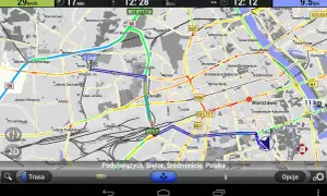 Mapa AutoMapy z trasą przez Warszawę. Zobacz, jak zaktualizować AutoMapę, aby mieć najnowsze dane o drogach i ruchu.