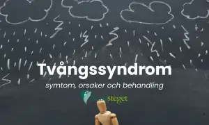 En träfigur sitter under en kritad storm. Texten "Tvångssyndrom" syns, vilket kan relateras till bup ocd.