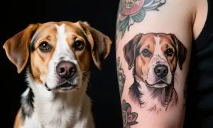 Un perro real mira a su gemelo en un tatuaje de perro realista en un brazo.