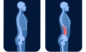 Confronto tra colonna vertebrale normale e colonna con lordosi accentuata. La cifosi non è visibile in questo confronto.