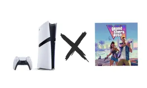 Konsola PlayStation 5 z kontrolerem i logo GTA VI, przedzielone czarnym znakiem "X".