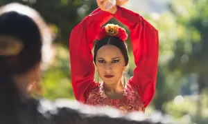 Una bailaora de flamenco, con su vestido rojo y sus **manos flamencas** en alto, transmite pasión y arte.