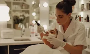 Kosmetyczka wykonuje mikrodermabrazję diamentową na twarzy klientki.