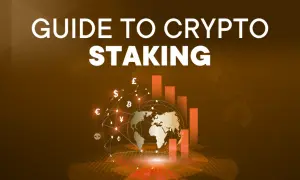 Guida al crypto staking: un globo terrestre con simboli di valute e grafici a barre suggerisce opportunità di investimento globale.