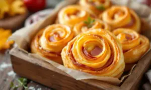 Délicieux feuilleté apéro en forme de spirale, garni de jambon et de fromage, prêt à être dégusté.