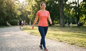 Donna cammina a passo svelto in un parco, puntando a un ritmo di 4 minuti al km velocità.