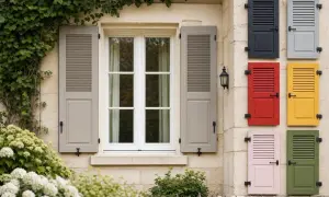 Fenêtre d'une maison ancienne avec volets gris taupe. À droite, une collection de volets aux couleurs vives : gris, rouge, jaune, rose et vert.
