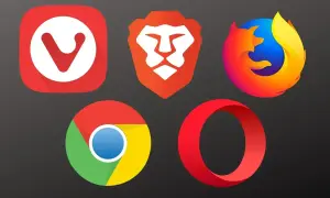 Ikony najpopularniejszych przeglądarek internetowych: Vivaldi, Brave, Firefox, Chrome, Opera.