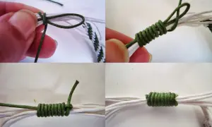 Creando un nudo corredizo pulsera. Se muestran pasos para hacer un nudo corredizo en una pulsera de hilo.