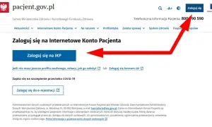 Zaloguj się na Internetowe Konto Pacjenta. Czerwona strzałka wskazuje przycisk "Zaloguj się na IKP".