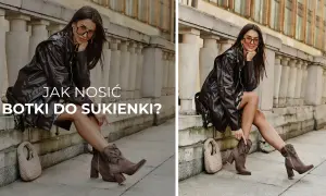 Kobieta w skórzanej kurtce i sukience prezentuje, jakie botki do sukienki pasują idealnie. Stylowe botki na obcasie i torebka dopełniają stylizację.
